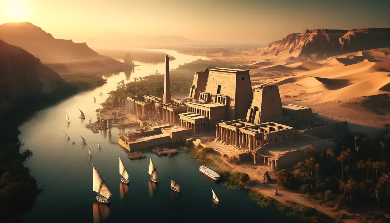 DALL·E 2024 05 28 18.33.10 A captivating view of Luxor and Aswan showcasing their rich historical and cultural heritage. The scene features the majestic temples and monuments a