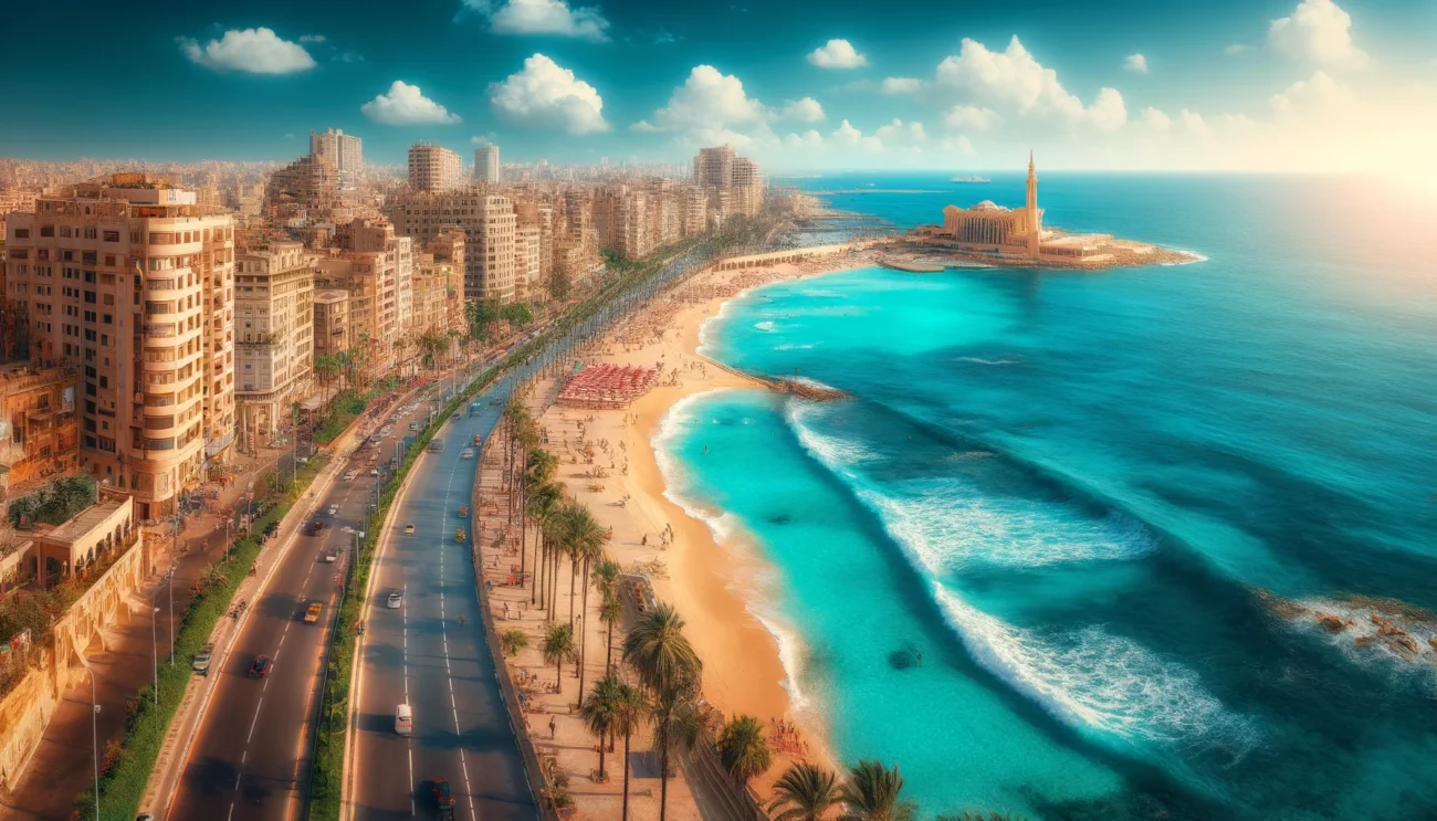 DALL·E 2024 05 28 18.35.30 A breathtaking view of Alexandria Egypt showcasing its stunning Mediterranean coastline. The scene features a pristine sandy beach with crystal clea