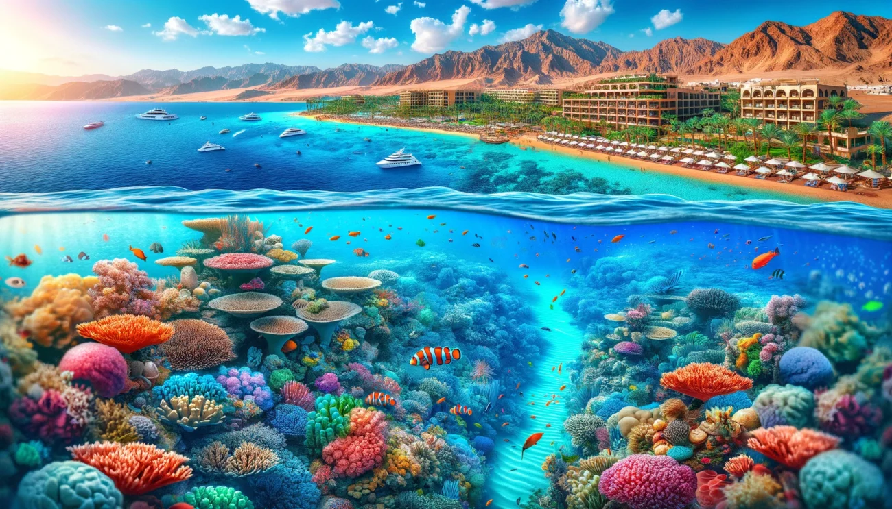 DALL·E 2024 05 28 18.36.47 A mesmerizing view of Sharm El Sheikh the divers paradise in Egypt. The scene features the vibrant underwater world of the Red Sea with colorful co