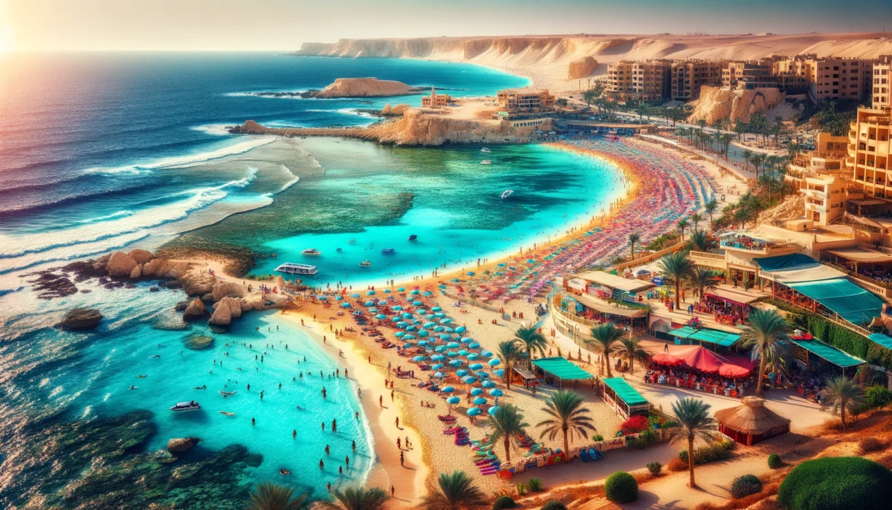 DALL·E 2024 05 28 18.48.53 A beautiful view of Marsa Matruh Egypt showcasing its stunning Mediterranean coastline. The scene features pristine white sandy beaches with crystal