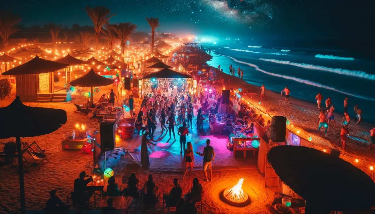 DALL·E 2024 05 28 18.51.18 A vibrant night party on the beaches of Marsa Matruh Egypt. The scene is filled with people dancing and enjoying the lively atmosphere under the star