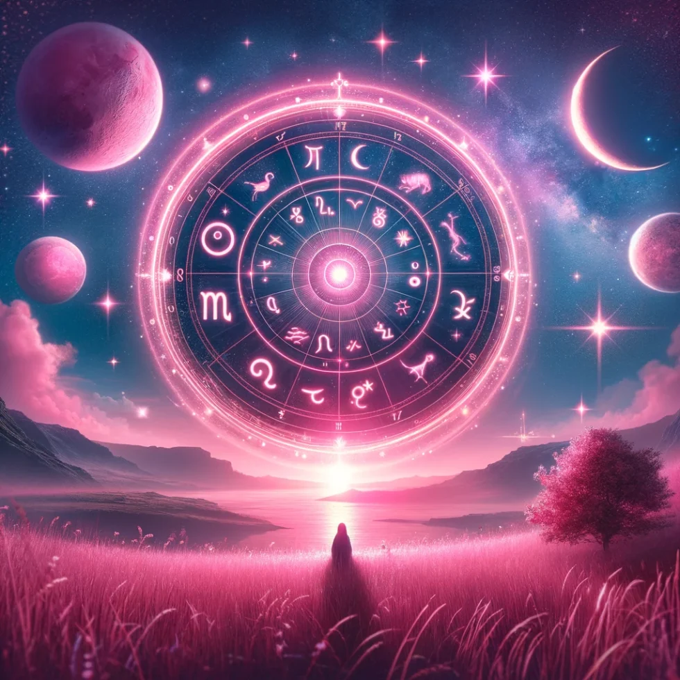 DALL·E 2024 05 29 14.12.36 A high resolution image representing astrology with a pink color theme. The image features a night sky filled with stars planets and the moon in va