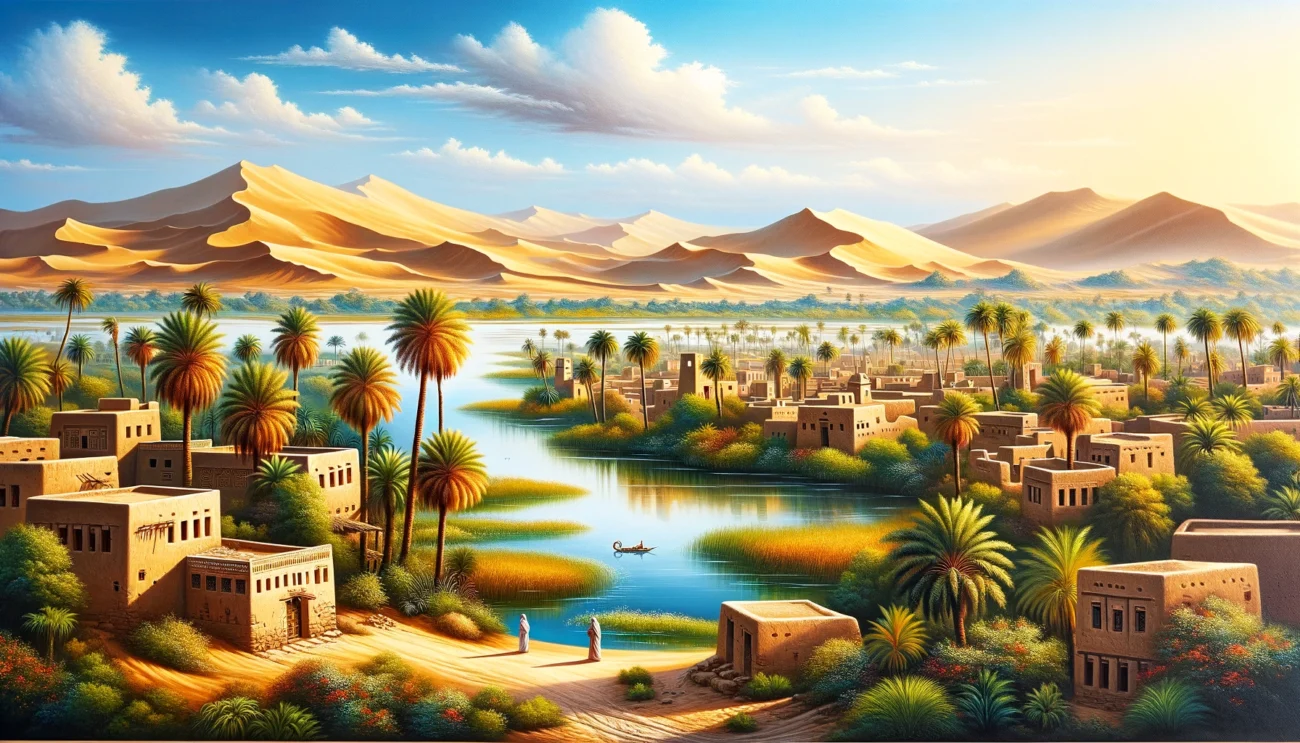 DALL·E 2024 05 28 18.58.59 A picturesque painting of Siwa Oasis in Egypt. The artwork captures the serene beauty of the oasis with its lush palm groves crystal clear salt lakes