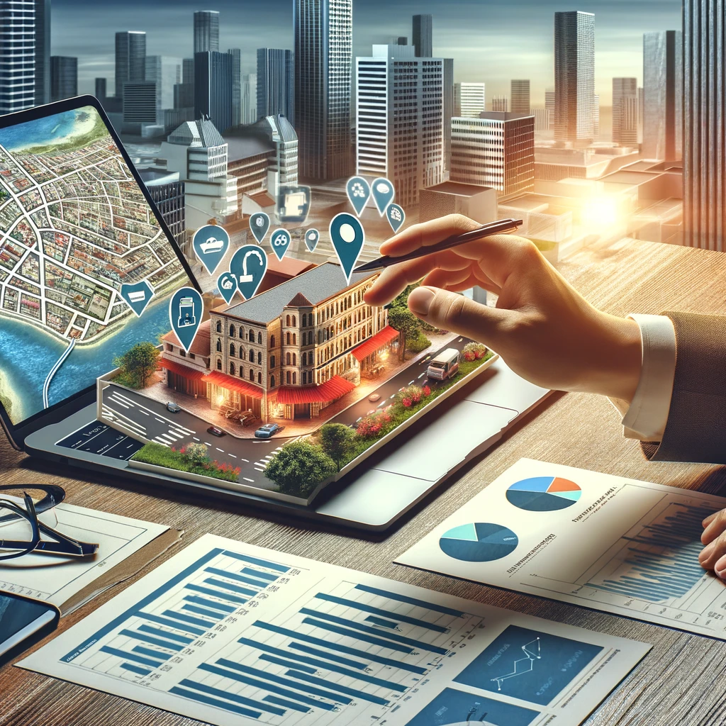 DALL·E 2024 05 29 09.42.40 A realistic image illustrating the process of choosing a suitable location for a hotel. The scene includes a person holding a map and pointing at pote