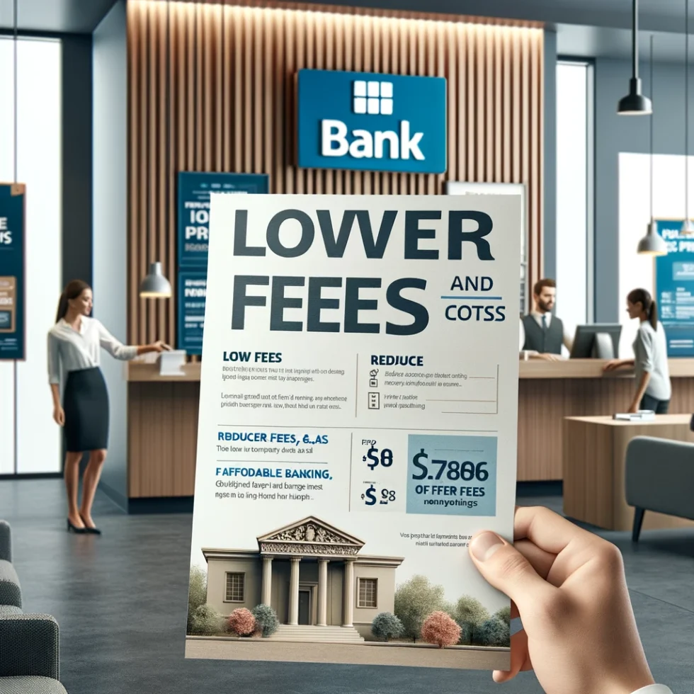 DALL·E 2024 05 29 12.44.16 A realistic image representing a bank offering lower fees and costs. The scene includes a person holding a flyer or brochure with the banks logo and