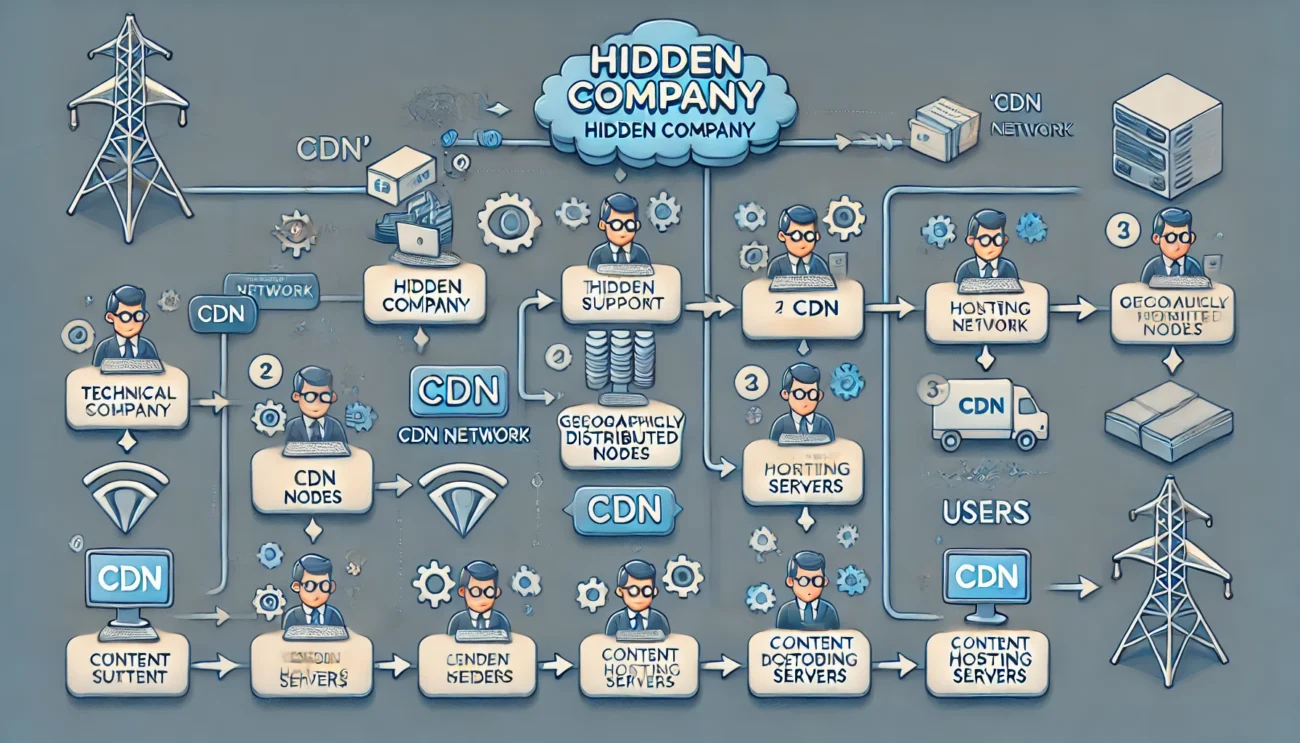 DALL·E 2024 06 22 07.38.07 A flowchart illustrating the process of delivering content from a hidden company to end users through a series of steps. The chart should include the